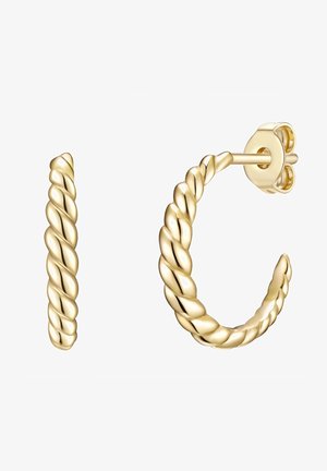 Petites boucles d'oreilles créoles en forme de corde torsadée dorée avec fermoir papillon sur fond blanc.