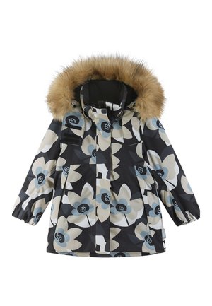 Kinderparka mit schwarzem Grundton, versehen mit übergroßen Blumenmustern in Creme, Blau und Grau. Mit Futter aus Fell in der Kapuze und funktionalen Reißverschlüssen.