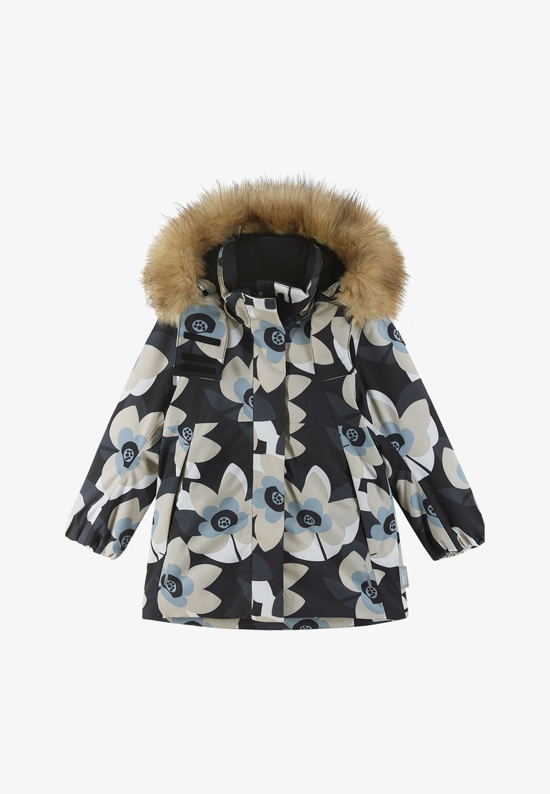 Børneparka med en sort baggrund, der har overdrevne blomsterformer i creme, blå og grå. Hætte med pelsfor og funktionelle lynlåse.