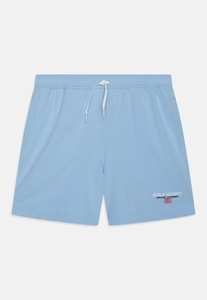 Világoskék fürdőnadrág, rugalmas derékkal, fehér zsinórral, két oldalsó zsebbel és hímzett logóval az alsó bal oldalon.