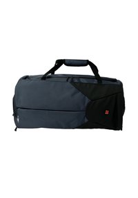 Donkergrijze duffeltas met zwarte accenten, gemaakt van een gestructureerd nylon materiaal, voorzien van dubbele handvatten en een ritssluiting aan de zijkant.