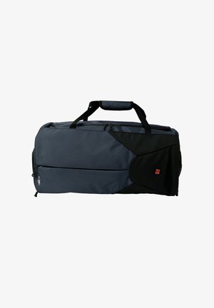 Dunkelgraue Reisetasche mit schwarzen Akzenten, bestehend aus strukturiertem Nylonmaterial, zwei Griffen und einem Reißverschlussfach an der Seite.