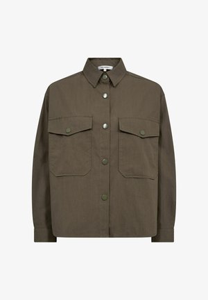 Maslinasto zelena košulja jakna na kopčanje s ovratnikom, dva džepa na prsima i preklopnim gumbima. Izrađena od glatkog, laganog materijala.