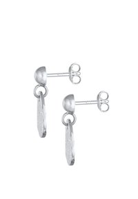 Orecchini a stud in argento con un top rotondo e un charm circolare appeso, schiacciato e testurizzato. Il materiale è argento sterling 925.