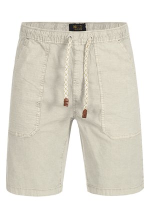 Beige legere Shorts mit elastischem Bund, weißem Kordelzug mit gelben Akzenten, zwei Vordertaschen und gesteppten Details.