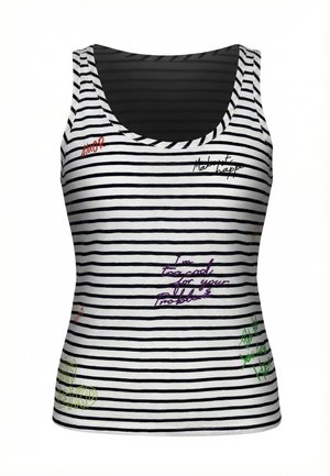 Witte mouwloze top met smalle zwarte horizontale strepen en kleurrijke handgeschreven zinnen verspreid over de stof.