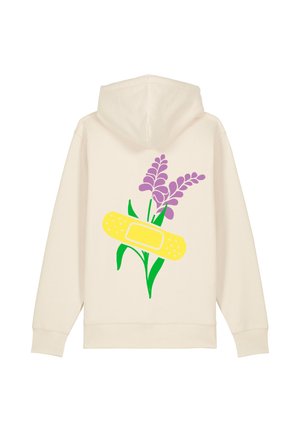 Hoodie crema con una grafica di fiori viola e un cerotto giallo sul retro, realizzato in tessuto morbido con una vestibilità rilassata.