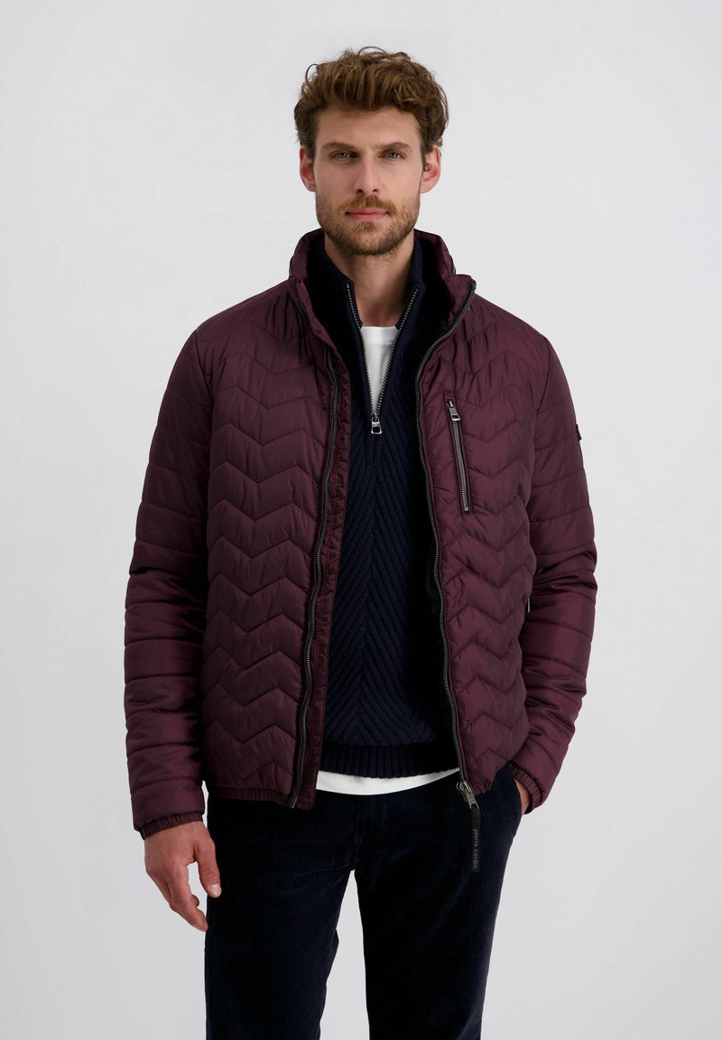 Man in een donkerpaarse gewatteerde jas over een marineblauwe ritstrui en zwarte broek, staande tegen een plain witte achtergrond.