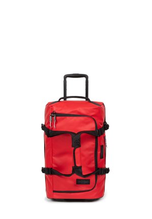 Red wheeled duffel bag with black accents, durable fabric, multiple zippered pockets, and adjustable straps. Telescopic handle for easy transport.