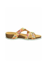 Sandaletten mit floralem Muster in Pastellfarben. Sie verfügen über mehrere Riemen, eine Korksohle und einen leichten Absatz mit einer strukturierten Gummisohle.
