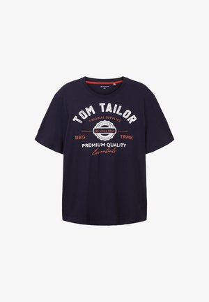 Morska niebieska bawełniana koszulka z krótkim rękawem, z okrągłym dekoltem i graficznym nadrukiem w białym i czerwonym tekście z przodu.