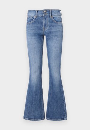 Ausgestellte blaue Jeans aus Denim mit mittelhohem Bund, fünf Taschen und einer hellen Waschung. Merkmale sind dezente Ausbleichungen und kontrastierende Nähte.