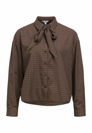 Chemisier à carreaux marron boutonné avec manches longues et détail de col noué en forme de nœud.