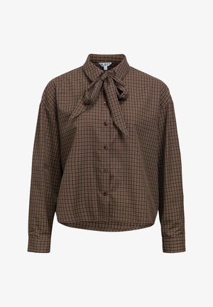 Chemisier à carreaux marron boutonné avec manches longues et détail de col noué en forme de nœud.