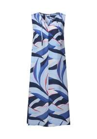 Vestido sin mangas de tela azul claro con un patrón de hojas colorido en tonos de azul marino, rosa y rojo. Presenta un escote en V y un detalle de lazo.