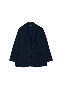 Blazer azul marino de tejido suave, con cierre de un solo botón, solapas de muesca y dos bolsillos delanteros. Corte relajado con mangas anchas.