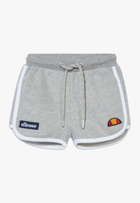 Grå shorts laget av mykt stoff, med hvit kant, elastisk midje med snor, og to logoer: "ellesse" og en farget bue.