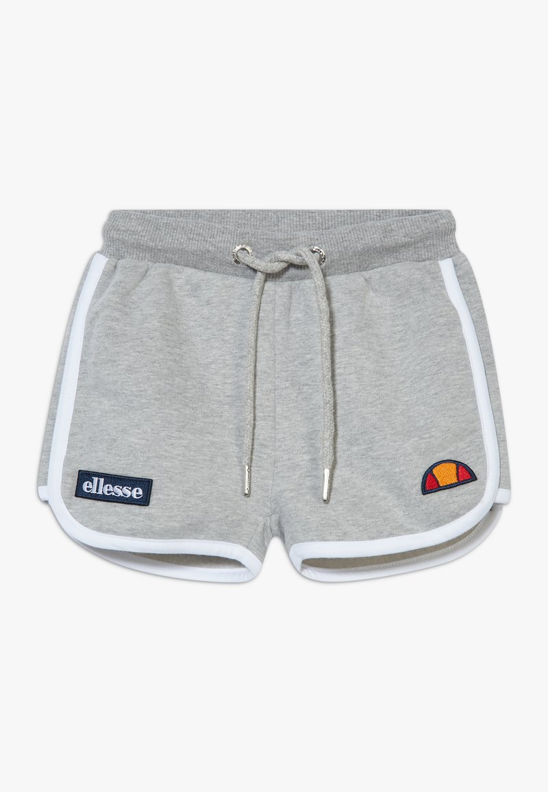 Grå shorts laget av mykt stoff, med hvit kant, elastisk midje med snor, og to logoer: "ellesse" og en farget bue.
