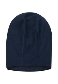 Námornícky modrá čiapka vyrobená z mäkkého, textúrovaného fleece s priliehavým tvarom a čiernym okrajom. Nie sú viditeľné žiadne kovové prvky ani akcenty.