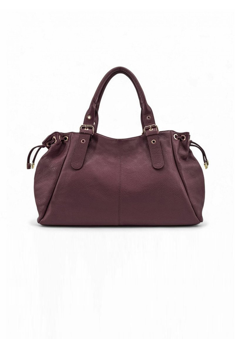 Sac à main en cuir bordeaux avec une finition texturée, deux poignées courtes et des éléments en métal doré. Présente des détails à cordon sur les côtés.