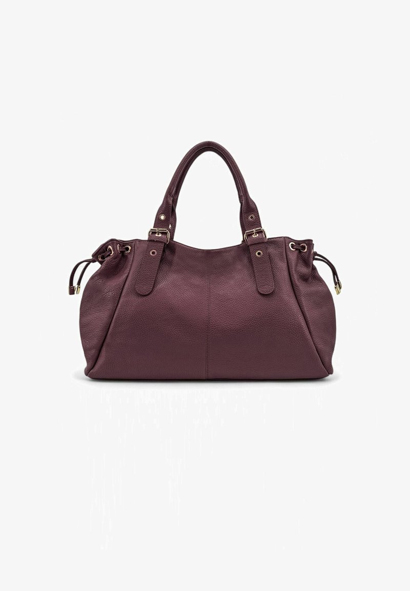 Sac à main en cuir bordeaux avec une finition texturée, deux poignées courtes et des éléments en métal doré. Présente des détails à cordon sur les côtés.