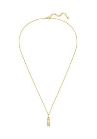 Guldkedja med ett hänge som har en klar sten och en texturerad nederdel, designad med en justerbar låsning.