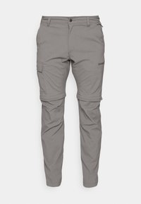 Pantalon cargo convertible gris clair avec jambes zippées amovibles, bouton à l'avant, passants pour ceinture, poches latérales et coutures aux genoux.
