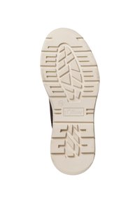 Semelle de chaussure marron avec un fond en caoutchouc crème texturé, présentant un motif de bande de roulement et un logo "s.Oliver" en relief. Taille 42 indiquée.