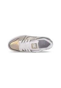 Sneaker with a gold and white leather upper, white laces, perforated toe box, and silver accent logo on the side. Flat sole design.