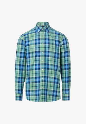 Langärmliges Hemd mit Knöpfen, grün-blau-navy kariertem Muster und spitzem Kragen, vor weißem Hintergrund dargestellt.