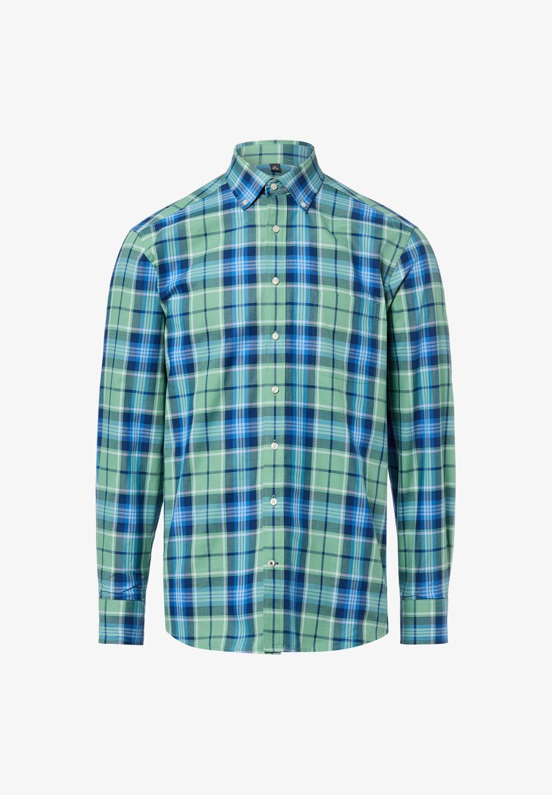 Chemise à manches longues avec boutons, motif à carreaux verts, bleus et bleu marine, col pointu, présentée sur fond blanc.