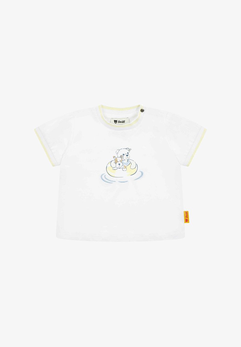 Bílá bavlněná tričko s krátkým rukávem. Žluté detaily kolem límce a rukávů. Obsahuje potiskem designu medvěda a psa v nafukovací duši.