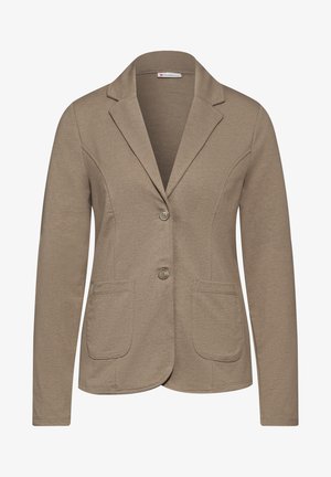 Blazer taupe pour femme avec revers à encoche, deux poches plaquées devant, manches longues et fermeture à deux boutons.