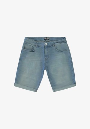 Lichtblauwe denimshorts met opgerolde zomen, vijf zakken en een knoopsluiting. Soepele textuur met minimale vervaging, casual ontwerp.