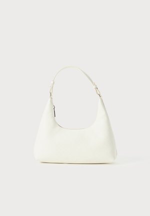 Small white shoulder bag with a single adjustable strap and a zipper closure, set against a plain white background.