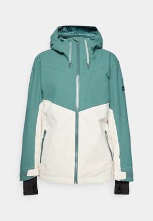 Teal and cream ski jacket with a zip front, adjustable hood, zippered pockets, and elastic cuffs. Smooth texture, durable fabric.
