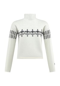White sweater with long sleeves and a mock neck, featuring a black geometric pattern across the chest and on the sleeve ends.