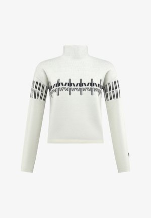 Wit trui met lange mouwen en een opstaande kraag, met een zwart geometrisch patroon over de borst en op de uiteinden van de mouwen.