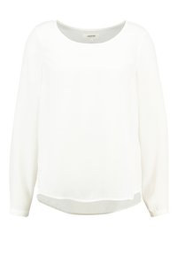 Blouse blanche à manches longues en tissu léger. Dotée d'un col rond, d'une coupe droite et d'un ourlet arrière légèrement plus long.