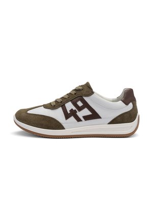Low-profile white and brown sneaker with suede accents, lace-up front, and "49" design on the side, flat rubber sole.