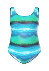 Enteret badedragt med et gradientmønster i blå, grønne og lilla nuancer. Fremstillet af blødt, elastisk stof med brede stropper.