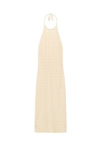 Cremfarbene Halterkleid mit strukturiertem Muster, das ein langes, fließendes Design aufweist und verstellbare Bänder am Hals für eine optimale Passform hat.