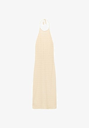 Crème halterstijl jurk met een gestructureerd patroon, met een lange, vloeiende uitstraling en verstelbare strikjes bij de hals voor een perfecte pasvorm.