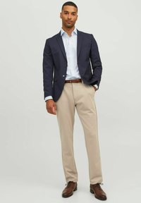 Blazer de rayas marinas, camisa azul claro, pantalones crema, zapatos de cuero marrón. Atuendo centrado en un ajuste a medida y un diseño estructurado.