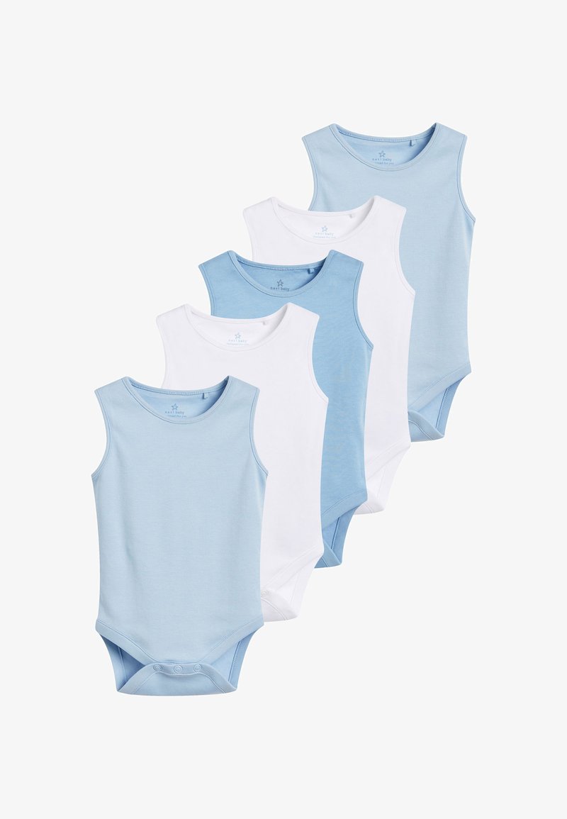 Cinq bodies sans manches pour bébé en bleu clair et blanc alternés, empilés de façon décalée sur un fond blanc.
