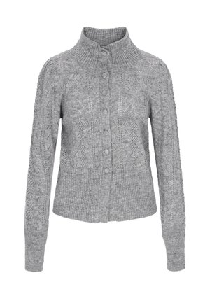 Cardigan gri tricotat, cu guler înalt, închidere frontală cu nasturi și modele texturate pe corp și mâneci.