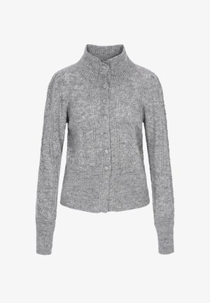 Grijze gebreide cardigan met een hoge kraag, knoopsluiting aan de voorkant en gestructureerde patronen op het lichaam en de mouwen.