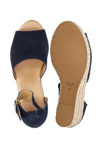 Navyblaue Wildleder-Espadrille mit Keilabsatz, offener Zehenpartie, Knöchelriemen und natürlicher Jutesohle. Größe 37, mit der Aufschrift "MADE IN SPAIN" auf der Unterseite.