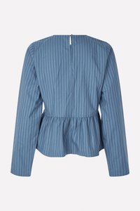 Langärmlige Bluse mit blauen Streifen, Peplum-Taille und Knopfverschluss hinten. Weicher Stoff mit vertikalen Streifen und Raffung an der Taille.