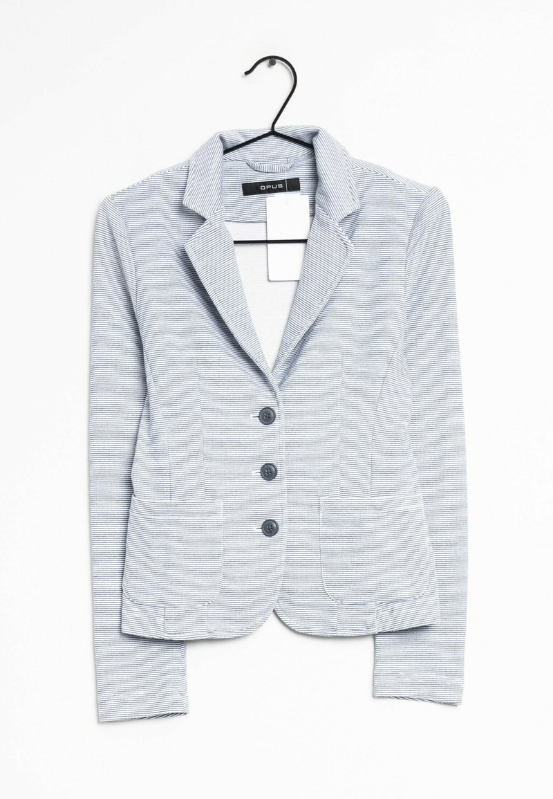 Světle šedý blazer s jemnými pruhy, jednoradový design, klopový límec, dvě přední kapsy a čtyři knoflíkové zapínání.
